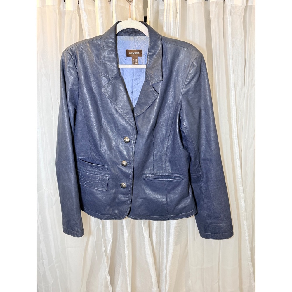 Danier Leather Blazer Womens XL Blue 3 Button Tailored Jacket Coat